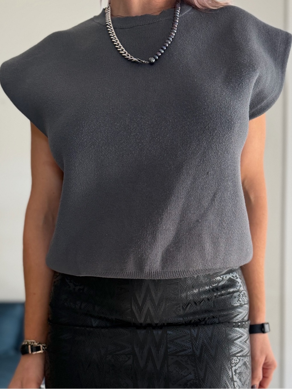 ZARA Charcoal Grey Structured Shoulder Knit Top | Size L